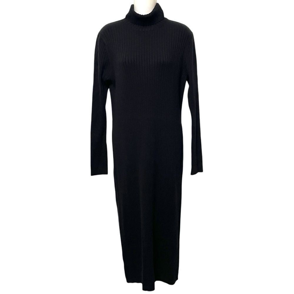 ANN TAYLOR Black Ribbed Stretch Knit Turtleneck Midi Dress L
